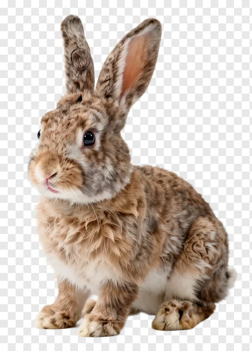A sitting Easter bunny with mottled fur.