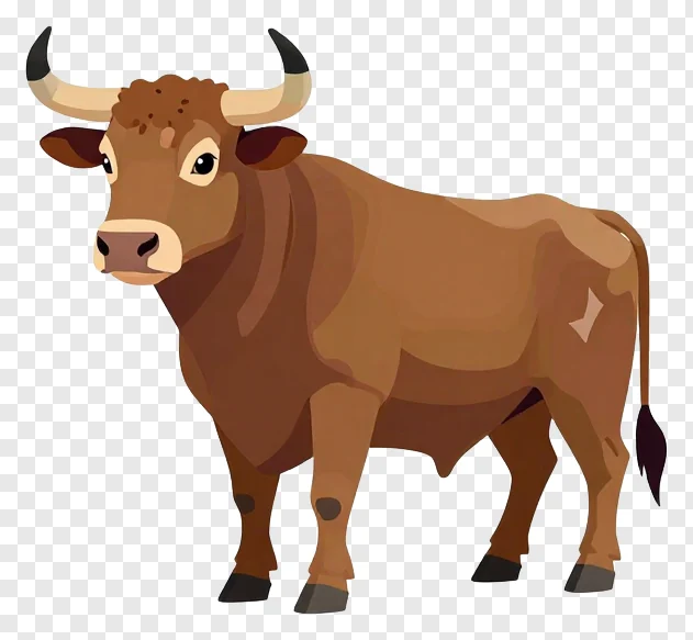 A brown bull with curved horns standing in profile.