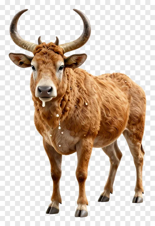 A brown bull with large horns dripping milk from its mouth.