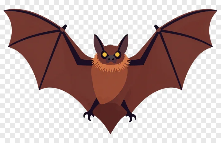 A cartoon bat with brown fur and spread wings.