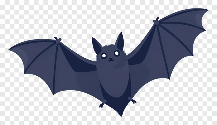 A flying cartoon bat with spread wings.