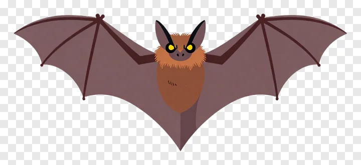 Cartoon bat with yellow eyes and spread wings.