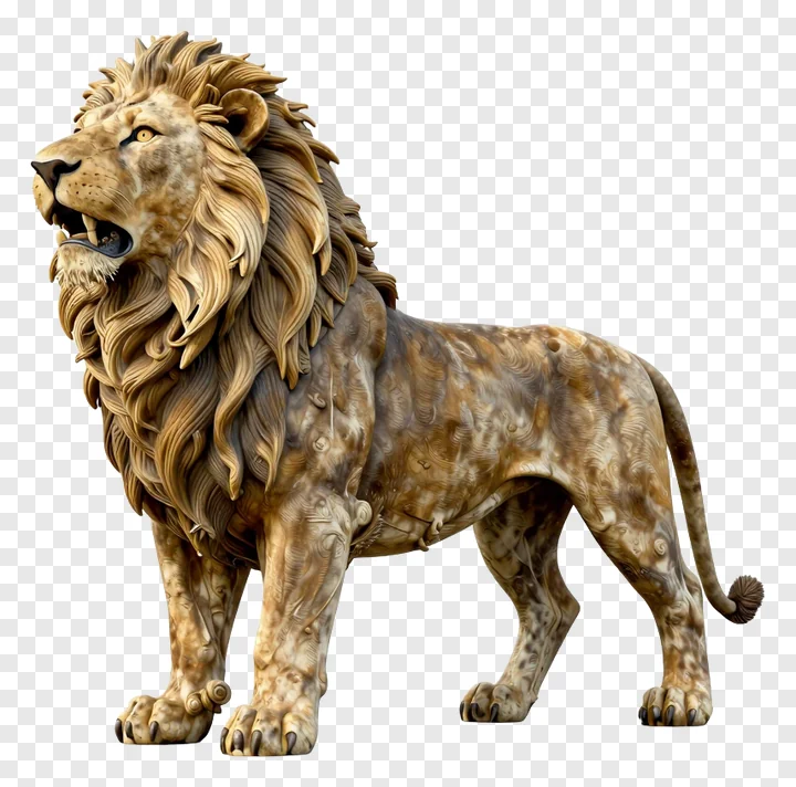 A carved stone lion statue roaring.