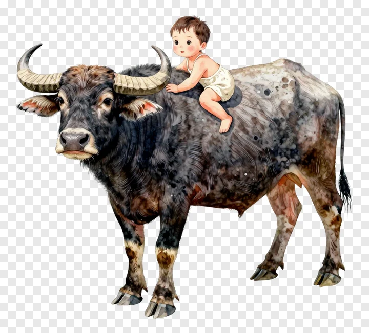 A child riding a water buffalo in watercolor style.