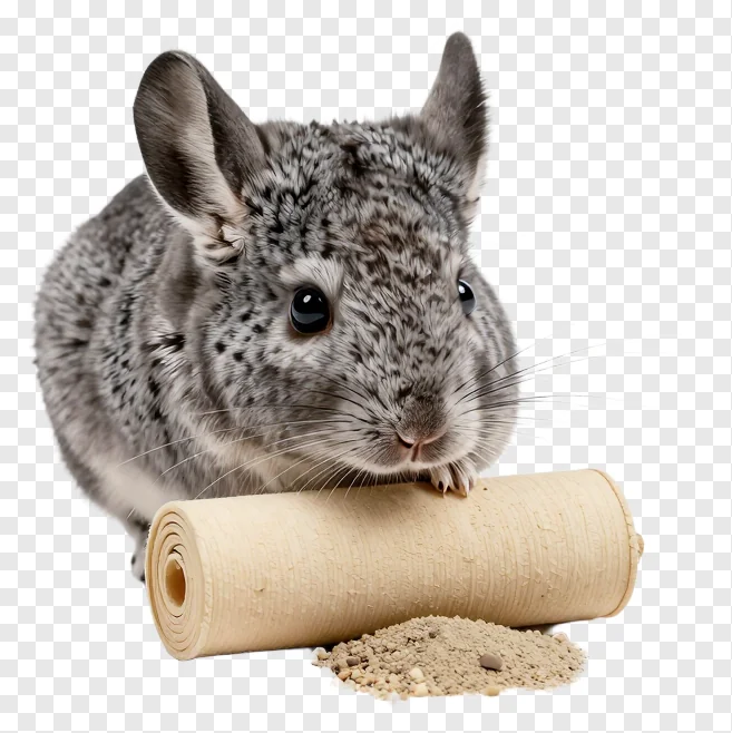 A chinchilla holding a rolled dust bath.