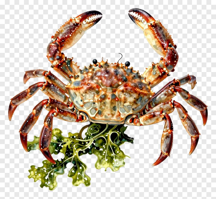 A crab with large claws gripping green seaweed.