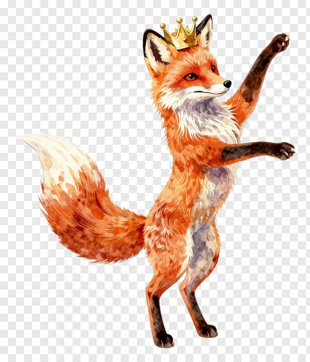 A red fox wearing a crown dances on its hind legs.