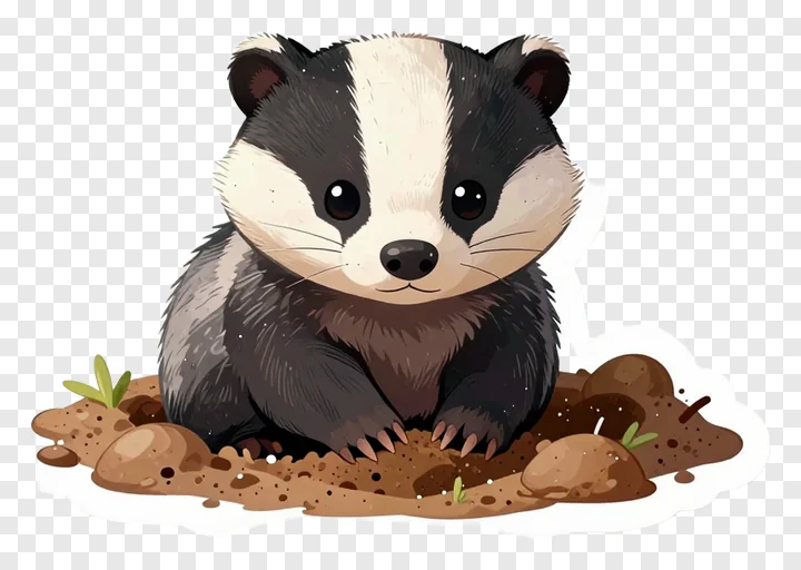 A cute cartoon badger emerging from a dirt hole.