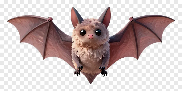 A cute, furry bat with spread wings and a pink nose.