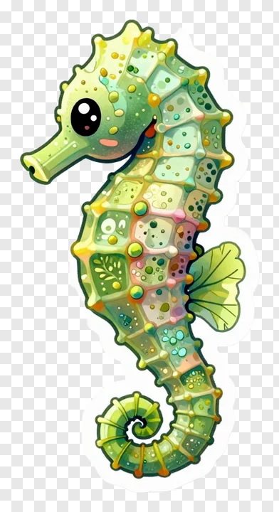 A cute, curled seahorse with a kelp frond attached to its tail.