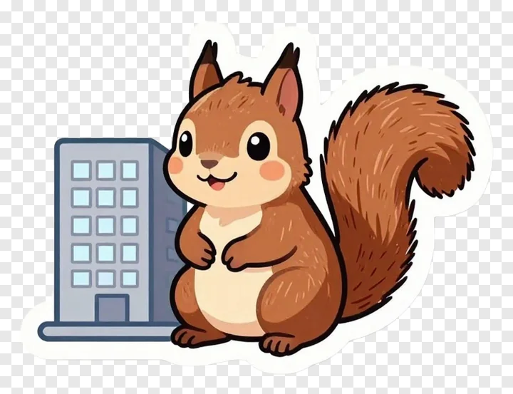A cartoon squirrel sitting next to an office building.
