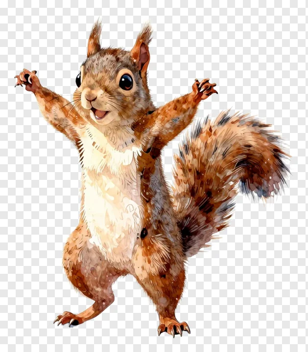 A happy squirrel dancing with arms raised.