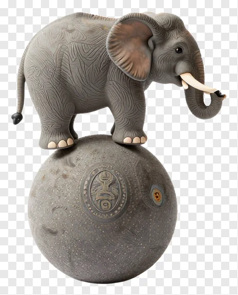 An elephant figurine balancing on a decorative sphere.