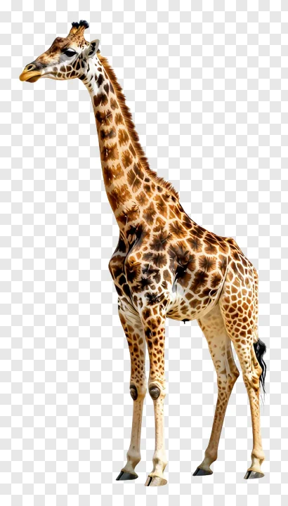 A giraffe with a long neck standing.