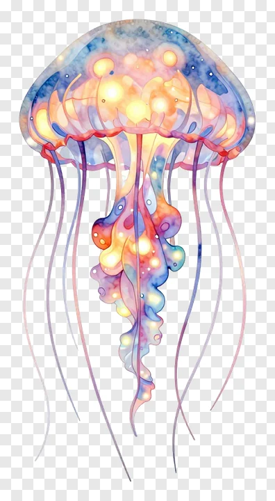 A glowing jellyfish with a crown-like top and flowing tentacles.