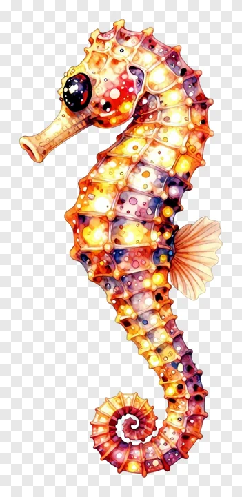 A colorful, glowing seahorse with a curled tail.