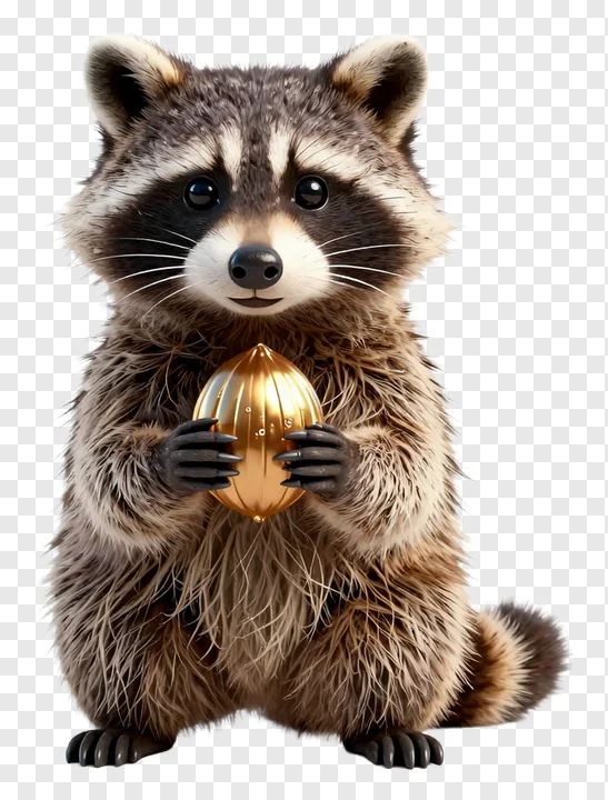 A raccoon holding a shiny golden nut.