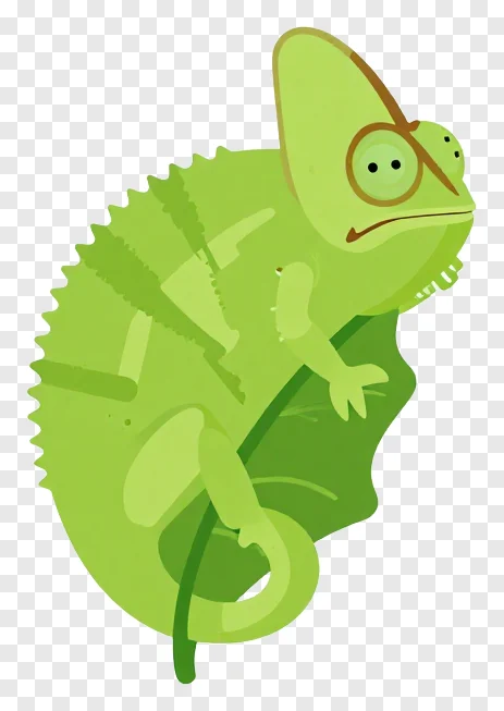 Green chameleon clinging to leaf edge.