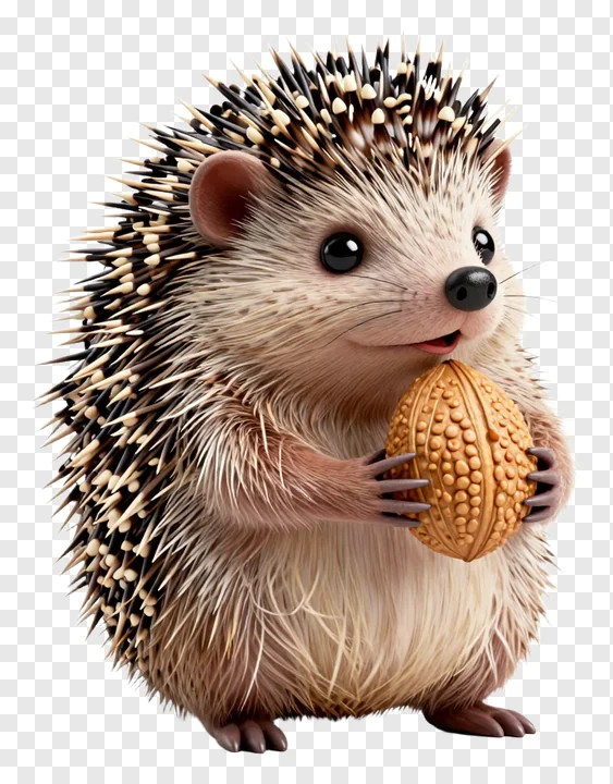A hedgehog holding a walnut with a happy expression.
