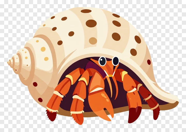 Cartoon hermit crab emerging from a spotted shell.