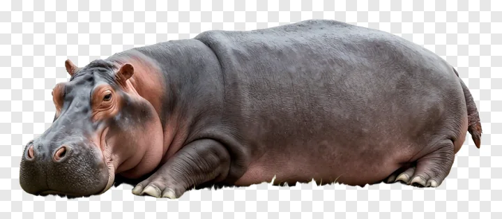 A hippo resting on its side with a calm expression.