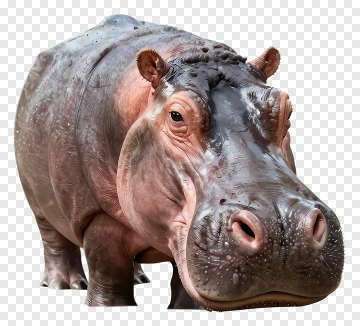 A hippopotamus with prominent nostrils and wet skin.