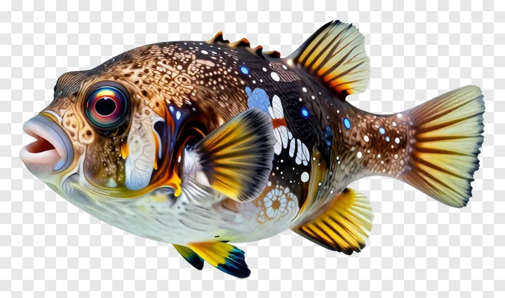 A pufferfish inflated with detailed patterns and colorful fins.