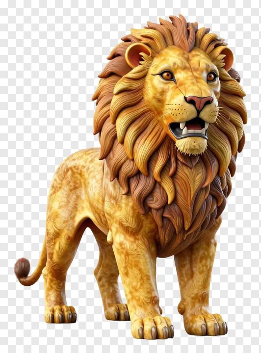 A 3D-rendered lion with a golden mane standing upright.