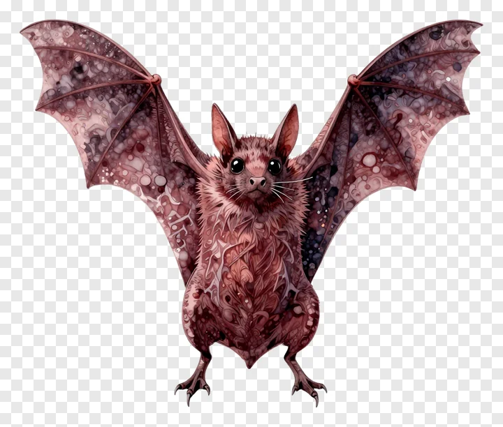 A maroon bat with patterned wings and large eyes.