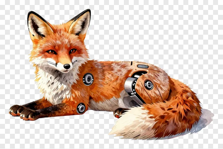 A robotic fox with mechanical parts lying down.