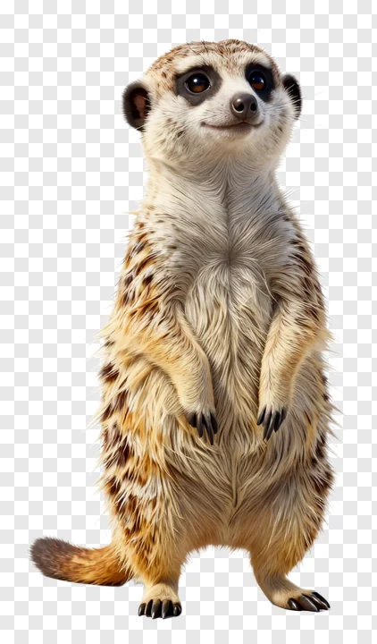 A meerkat standing on its hind legs, alert and looking up.
