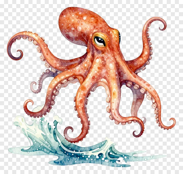 An orange octopus dancing in stylized ocean waves.