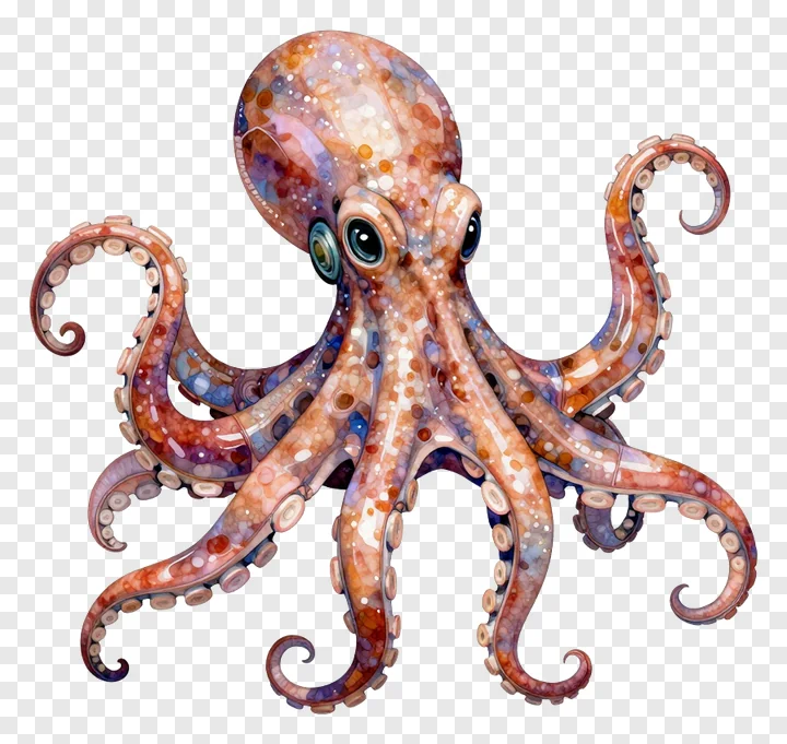 A colorful octopus with a spotted pattern and large eyes.