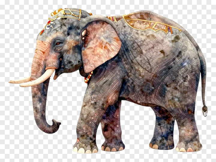 An ornate toy elephant with decorative patterns and jewelry.