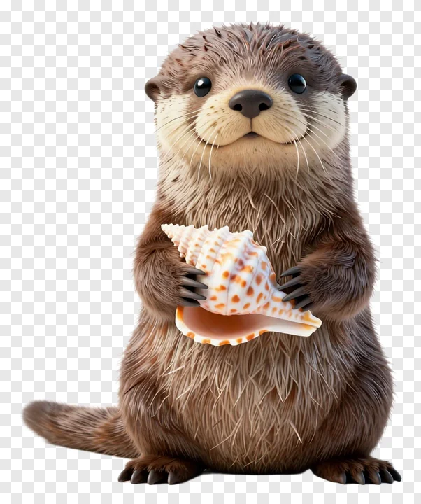 A small otter holding a seashell in its paws.