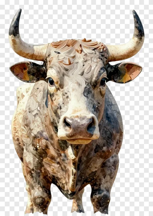 A patterned Nandi bull statue in a front-facing pose.