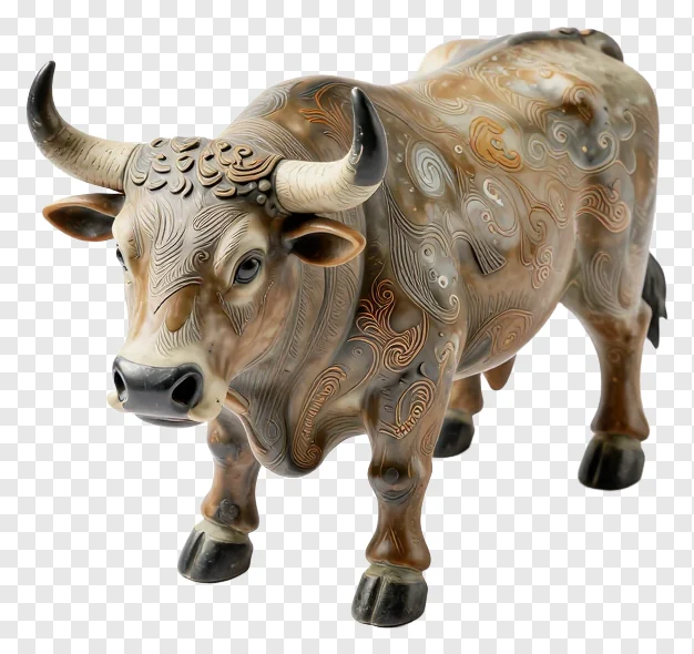 A patterned Nandi bull statue in profile view.