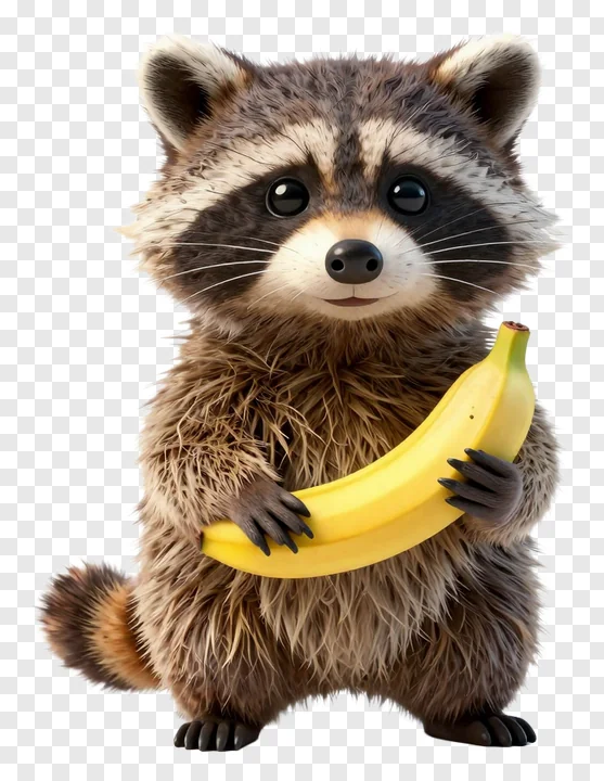 A raccoon holding a banana.