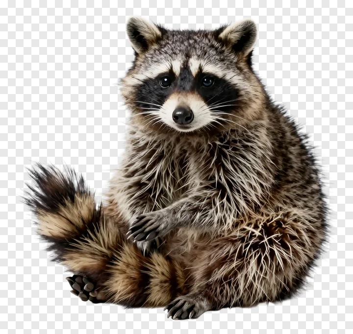 A raccoon sitting with its tail curled around its body.