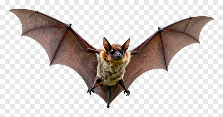 A flying bat with spread wings and visible fur texture.