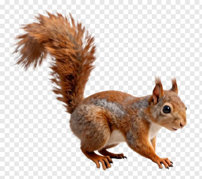 A red squirrel jumping through the air.