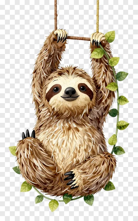 A sloth hanging from a vine with leaves.