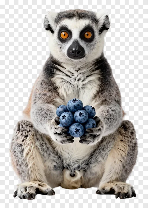 A ring-tailed lemur holding blueberries.