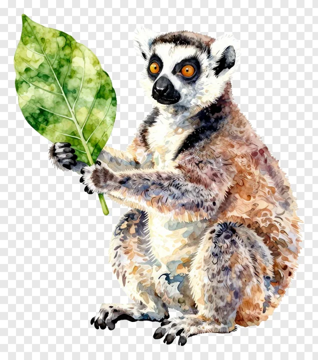A ring-tailed lemur holding a green leaf.