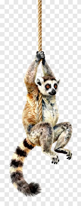 A ring-tailed lemur hanging from a rope.