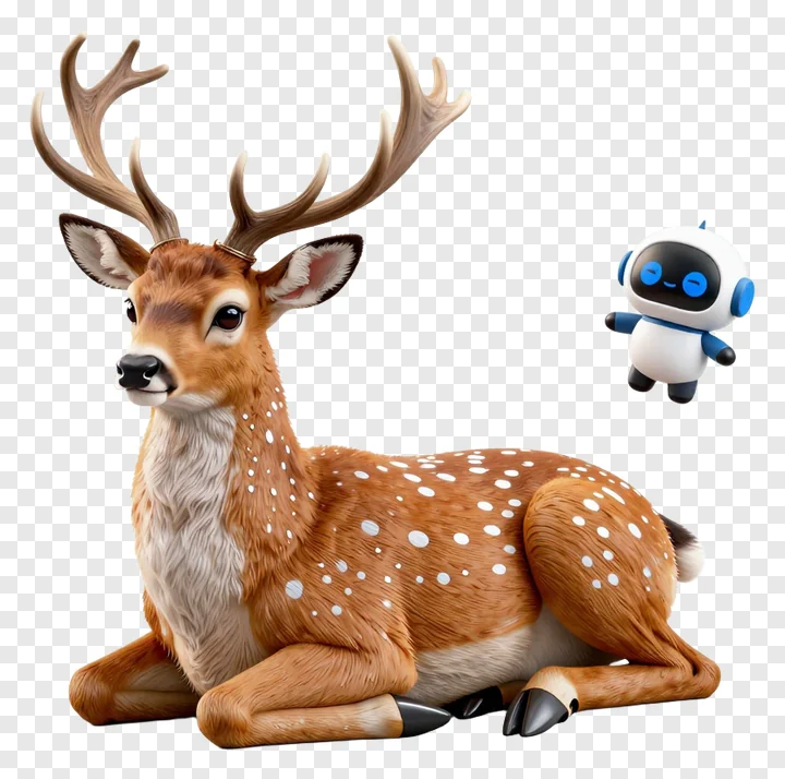 Deer with antlers lying down next to a hovering robotic companion.