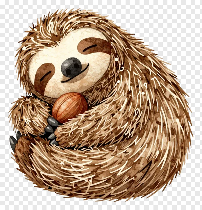 A sleepy sloth holding a nut in its arms.