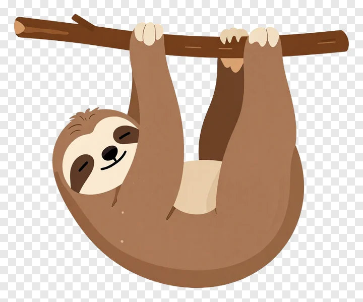 A cartoon sloth hanging from a tree branch.