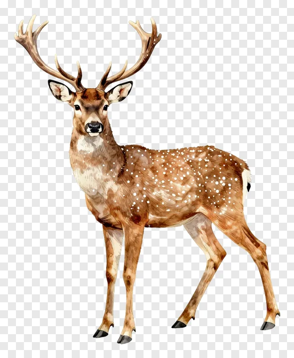 A watercolor painting of a standing spotted deer with antlers.