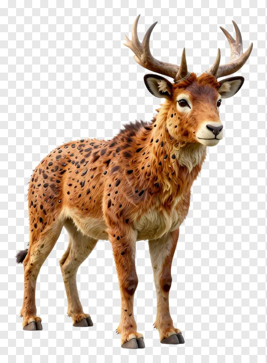 A spotted deer with antlers standing.